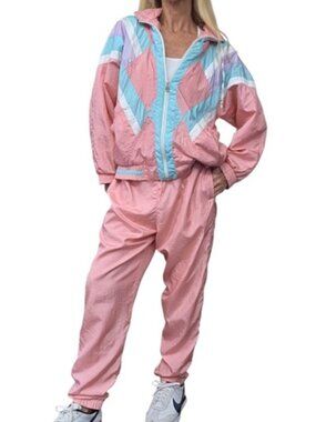 Vintage 90s Lavon Pink Aqua Nylon Tracksuit Petite M 2 Piece Set